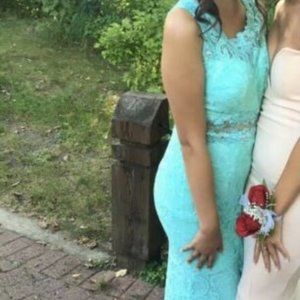 Teal/Mint Green Lace Embellished Mesh Cutout Formal/Prom Dress